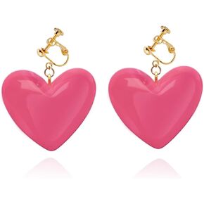 Pink Clip On Earrings for Women Love Heart Non Pierced Dangle Earrings (Pink)