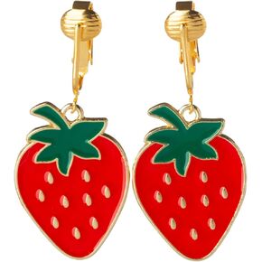 Aloha Earrings Non Pierced Clip On Gold Tone Strawberry Dangling Earrings