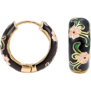 Vintage Enamel Flower Small Hoop Earrings, Retro Japanese Style Flowers Ear Clip-on for Women Delicate Jewelry-black