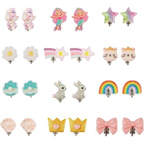 12 Pairs Clip on Earrings, Cute Rabbit Rainbow Flower Ear Clips Aesthetic Ear Clipper Jewelry Hairstyle Supply for Girls Women Birthday Gift Costume Party Accessories