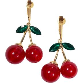 Aloha Earrings Non Pierced Gold Tone Clip On Red Cherry Dangling Earrings