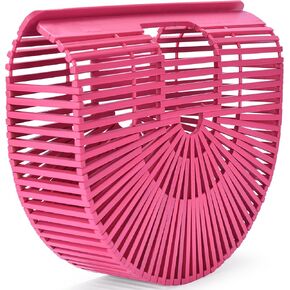 PortoVino Women's Handmade Bamboo Bag - Pink Tote, Handmade Beach Purse Handbag Basket - Sturdy, Lightweight Round Wicker Beach, Travel, Fashion Straw Wooden Bag with Handle Clutch Rattan Style