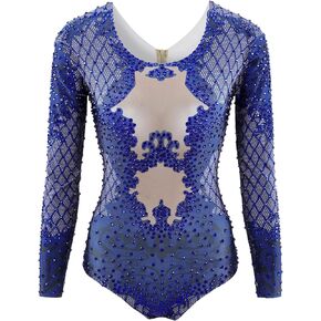 Sexy Costumes Rhinestone Bodysuit for Women Royal Blue Exotic Dancewear Drag Queen Outfit Showgirl Wear Long Sleeve
