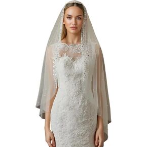 Pearl Wedding Veil with Handmade Beaded Edge and Metal Comb 47" Fingertip Long White Lace Rhinestone Bride Veil 1 Tier for Women Girls Bachelorette Party
