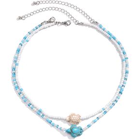 Pingyongchang Rice Beads Beach Sea Shell Tortoise Necklace for Women Boho Handmade Shell Beach Layered Colorful Beaded Turtle Starfish Choker Necklace for Women Gifts Jewelry