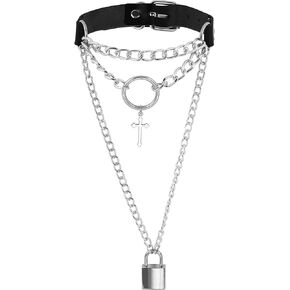 Sacina Gothic Punk Grunge Layered Cross Lock Choker Collar Necklace, PU Leather Collar, Goth Jewelry, Halloween Christmas Jewelry Gift for Women