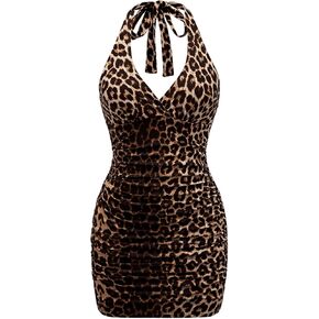 WDIRARA Women's Leopard Print Sexy Halter Mini Dress Ruched Tie Backless V Neck Sleeveless Bodycon Dresses
