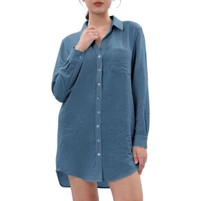 Amazhiyu Women's Linen Button-up Shirt Dresses Long Sleeve Tunics with Pockets