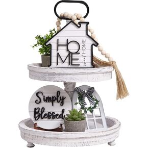 Houmury Rustic Farmhouse Tier Tier Tier Tier مع Decord و Plant - Decore للمطابخ (مجموعة من 8 بدون صواني)