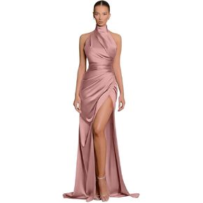 Halter Satin Bridesmaid Dresses Long Mermaid Prom Dress for Women Formal Party Evening Gown with Slit BD1