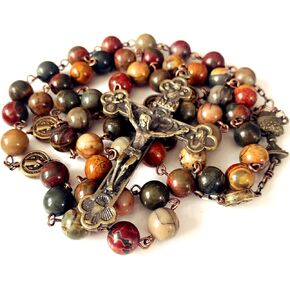 elegantmedical Handmade Catholic First Communion Picasso Stone Beads 5 Decade Rosary Gift Cross Necklace