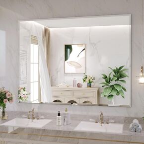 Frameless Bathroom Mirror for Wall, 48"x36" Beveled Bathroom Vanity Mirror, Modern Rectangle Bathroom Mirrors for Bedroom, Entryway, Living Room, Hangs Horizontally or Vertically