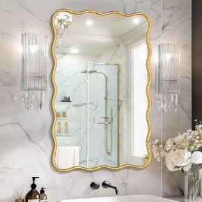 ProHomeware 24 * 36 "مرآة الحمام الذهبية للجدار ، مرآة مستطيلة متموجة ، مرآة الغرور ، مرايا الحمام للجدار ، مرآة إطار معدني مثبت على الحائط لغرفة غرفة نوم مزرعة (الذهب)