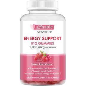 Vitamin B12 Gummies,Energy Support, Nervous System Health Support,Mixed Berry Flavor, 1000mcg, 60 Count,Gelatin-Free, Gluten-Free, Vegan & Non-GMO