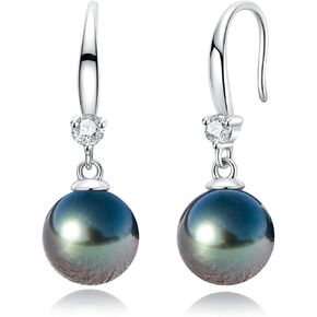 8-12MM Tahitian Black Pearl with Moissanite Hook Earrings, AAA Handselected Nature Black Pearls, D Color Moissanite Diamond, 18K White Gold Plated Sterling Silver Earrings