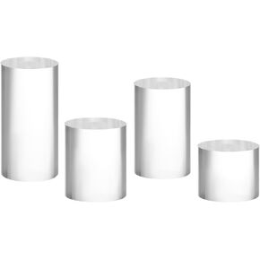 QWORK Acrylic Display Risers - 4-Pack Solid Clear Cylinder Stand Holder for Jewelry, Figures, Perfumes, Small Collectibles - High Transparency & Elegant Design
