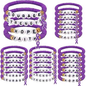 24 PCS Purple Pancreatic Cancer Thoalress Products Purple Ribbon Polymer Clay Letter Beaded Breaded Stretch Pancreatic Throughs Produts for Women Public Welfare Welfare