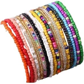 17Pcs Elastic Colorful Beaded Bracelets Anklet Set Handmade Bracelets Bohemian Stackable Rainbow Multi-Strand Elastic Stretch Boho Beach Seed Beach Bracelet Summer Jewelry