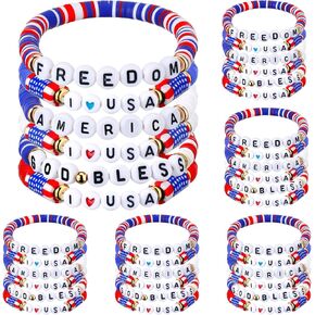 Kenning 36 Pcs USA Bracelets Bulk 4th of July Surfer Heishi Bracelets Patriotic Stackable Beaded Red White and Blue Accessories Summer Beach Wristbands Jewelry for Independence Day Party Favors Gifts