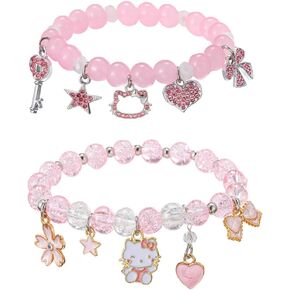 Kawaii Kitty Bracelets Set Elastic Crystal Bead Bracelets Elastic Kawaii Charm Bracelets Birthday Christmas Jewelry Gifts for Women Girlfriend Best Friend Sister