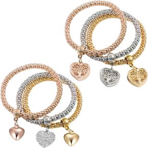 6 Pcs Crystal Charms Multilayer Bracelets for Women, Gold/Silver/Rose Corn Chain Bracelet, Heart Shaped Pendant Stretch Trendy Stack Jewelry Set for Mother's Day
