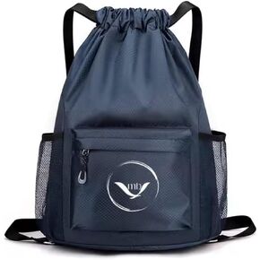 Drawstring Sports Gym Bag with Side Pockets, Black Waterproof Nylon, Adjustable Shoulder Straps, Blue color