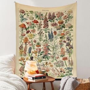 Vintage Flowers Tapestry 80" x 60", Long Vertical Wall Hanging Reference Illustrative Botanical Tapestries for Bedroom Aesthetic Floral Tapistry Botanical Plants Tapestry Wall Hanging Cute Bedroom Decor
