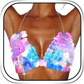 REETAN Chain Top Rave Outfit Sequin Body Chain Bra for Women