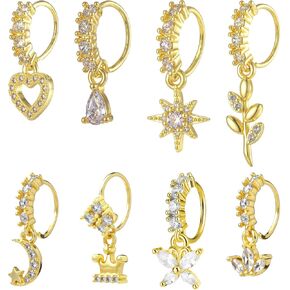 8 Pcs Dangle Nose Rings Hoop for Women 20G Butterfly Flower Heart Crown Moon Leaf Nose Ring Dangling Nose Piercing Jewelry Cartilage Earring Daith Tragus Helix Lip Piercing Gold