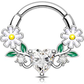 Melighting Heart Septum Ring, 16G Flower Septum Piercing Jewelry, 316L Stainless Steel Daith Piercing Jewelry Clear CZ, 8/10 mm Daith Earring Clicker for Women