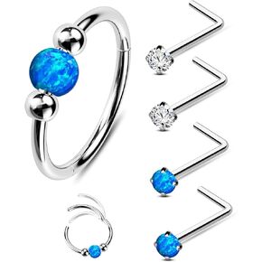 Jewseen 5Pcs Stainless Steel Nose Rings Hoops 20g Opal Nose Studs L Shaped Nose Rings Nose Piercing Jewelry Cartilage Hoop Helix Tragus Daith Earrings for Women