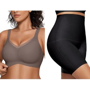 OEAK Womens Wireless Bras V Mesh Comfortable Grey & Tummy Control Shapewear Seamless Girdle Black Shorts M