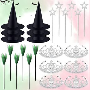 24 Pcs Witch Hats Brooms and Princess Crowns Star Wands Set Glitter Princess and Witch Accessories for Adults Princess Witch Party Supplies Halloween Pink Green Party Decor Photo Props