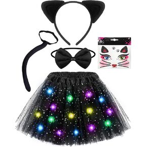 Hikkcos Black Cat Costume for Girls Cat Noir Costume Led Black Tutu Skirt Kitty Ears and Tail Halloween Animal Cosplay