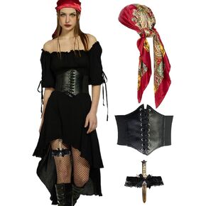 Pirate Costume Women Medieval Viking Pirate Dress Floral Print Head Scarf and Corset Pirate Accessories for Women 4 Pcs Black M