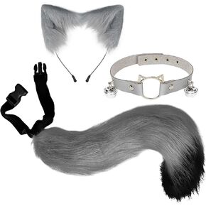 3 Pcs Cat Ears and Wolf Fox Animal Tail Cosplay Costume Grey, Costume Halloween Leather Neck Chocker Set, Animal Cosplay Party Costume