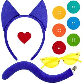 11PCS Blue Cat Costume Accessories, Blue Cat Accessories with Headband Tail and Clip Heart Button Stickers Yellow Glasses for Book Day Dress Up