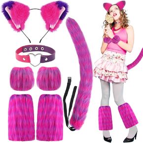 7 PCS Pink and Purple Striped Cat Costume for Girls Women Halloween Cosplay Accessories - Cat Ears Headbands, Furry Tail, Love Heart Choker, Striped Gloves and Leg Warmers for Halloween Dress up