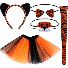 SUMERSHA 5Pcs Tiger Costume Set Tiger Ear Headband Nose Bow Tie Tail Tutu Skirt Animal Fancy Dress up Accessories for Halloween Cosplay Party