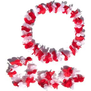 LITTLE FEATHER Red and White Leis for Tropical Hawaiian Luau Christmas Party Flower Headband Bracelets Party Favors,Set of 4