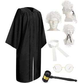 Hillban 5 Pcs Judge Costume Accessory Judge Robe False Collar Wooden Gavel Wig and Glasses for Halloween Cosplay(Adult,White Wig)