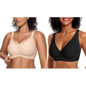 OEAK Womens Wireless Bras V Mesh Nude L+Comfortable Deep V Bras Raceback Tshirt Bras Black L