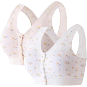 2 Pack Women Everyday Front Button Closure Bras Seamless Pure Cotton Soft Cup with Pads for Mid-Elderly Women