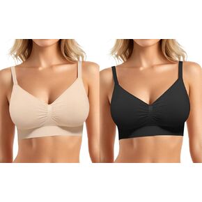 Popilush Bras for Women Wireless Bra Seamless No Underwire Support Push Up Bralettes Full Coverage Black+Skin XXL
