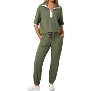 Dokotoo 2 Piece Sets for Women Summer Lapel V Neck Short Sleeve Tops Long Pants Tracksuit Lounge Jogger Set with Pockets in Kuwait
