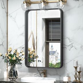 TokeShimi 16 x 24 Inch Matte Black Bathroom Wall Mirror Vanity Metal Frame Round Corner Rectangular for Home Decor Living Room Entryway (Horizontal/Vertical)