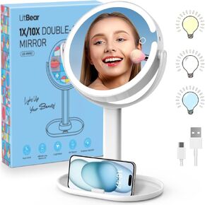 10X Magnifying Mirror with Lights, Rechargeable 4000mAh Lighted Makeup Mirror, Adjustable Brightness Vanity Mirror with 3 Color Light, 360° Rotation Detachable 2-Sided Travel Makeup Mirror 8 in