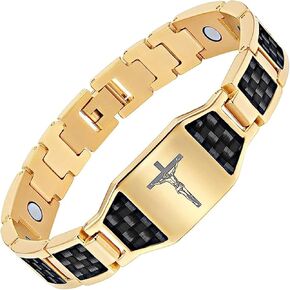 MagVIVACE Men Religious Christian Cross Jesus Magnetic Bracelets, Carbon Fiber Stainless Steel Bracelet (Black Carbon Fiber)