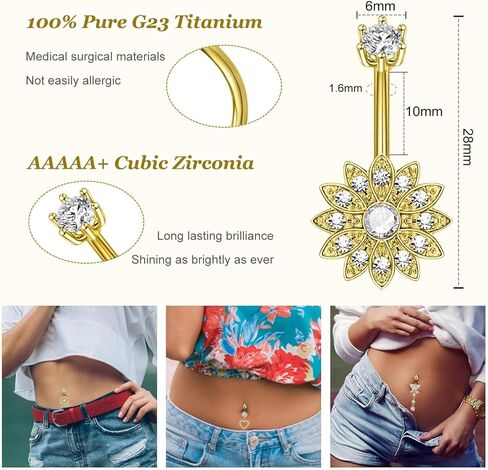 Hypoallergenic Titanium Belly Button Ring for Women, Dangle Navel Piercing Jewelry, Surgical Steel Gold Plated Belly Piercing Ring in Kuwait