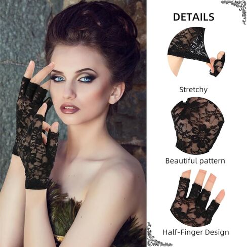 Black Lace Gloves Women, Short Black Fingerless Gloves for Women Goth Accessories Cosplay 1920s 80s Accessories in Kuwait